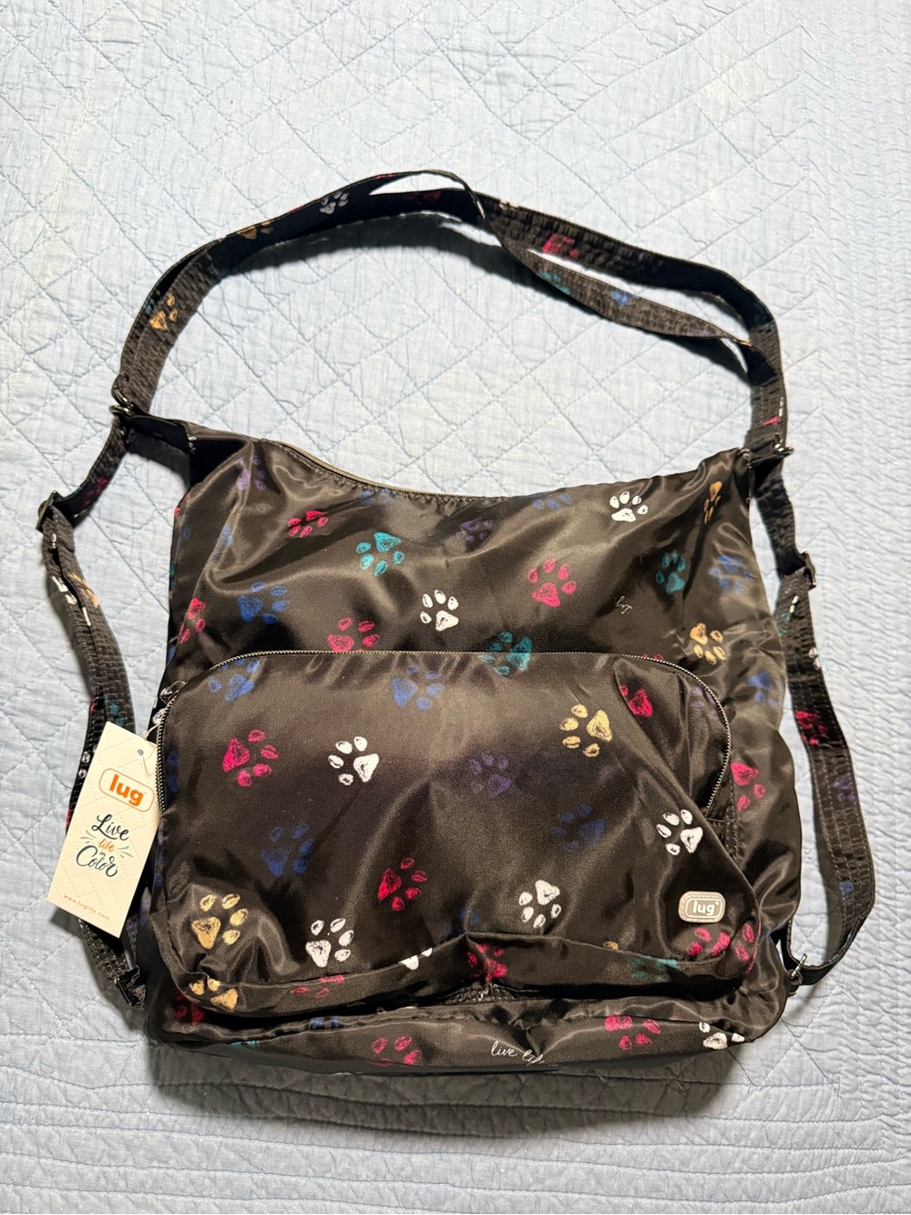 lug Black Crossbody Bag with Multicolor Paw Prints